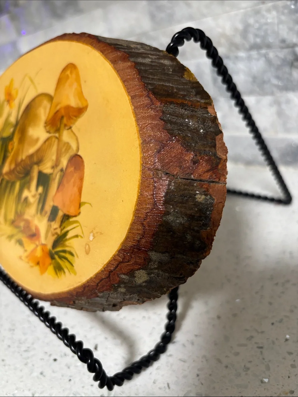VTG 70’s Rustic Yellow Mushroom & Mouse Oval Wood Slice Decoupage Wall Plaque